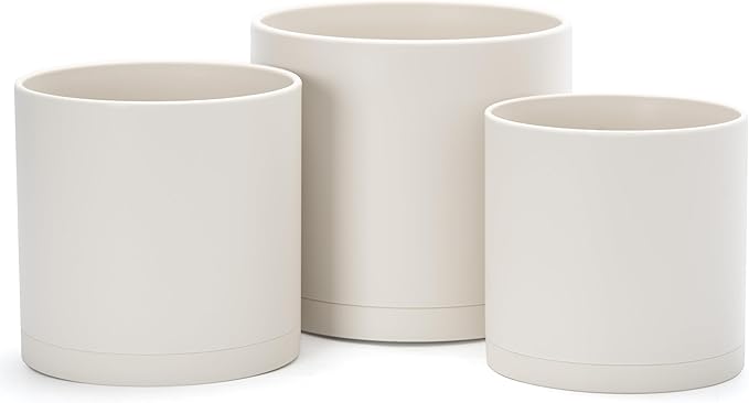 D'vine Dev 6 Inch 6.5 Inch 8 Inch, Set of 3 Plastic Planter Pots for Plants with Drainage Hole and Seamless Saucers, Oatmeal, Medium, 74-V-H-3