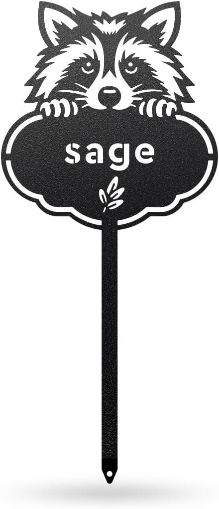RealSteel Rocky The Raccoon Plant Markers – Cute Metal Garden Labels for Herbs & Vegetables | Outdoor Steel Plant Stakes for Garden, Greenhouse & Raised Beds | Gardening Gift | USA (SAGE-B-6X13)