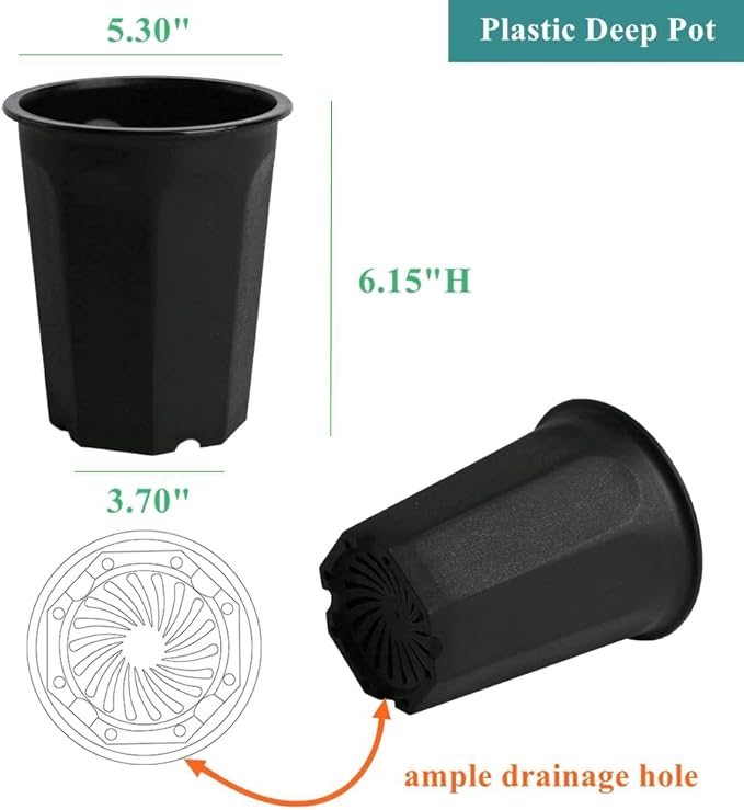 BangQiao 10 Pack 5.30 Inch Black Plastic Deep Nursery and Seedling Pots, Round Planter Container for Transplanting, Cutting, Succulent