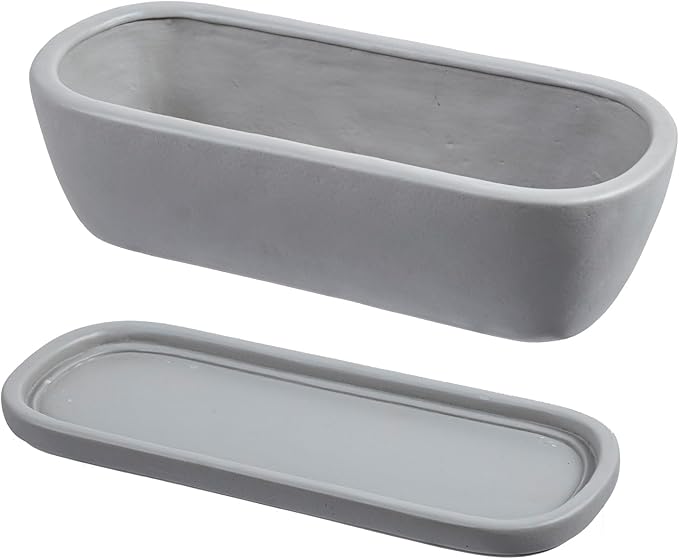 MyGift 14 Inch Oval Modern Gray Concrete Succulent Planter Pot with Drainage Hole and Removable Saucer, Decorative Cement Indoor House Plant Container for Flowers, Cactus, Herbs