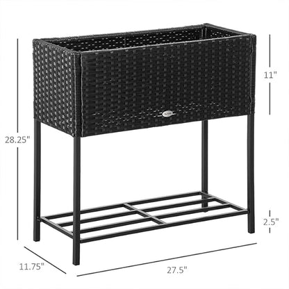 Outsunny Raised Garden Bed, Elevated Planter Box with Rattan Wicker Look, Tool Storage Shelf, Portable Design for Herbs, Vegetables, Flowers, Black