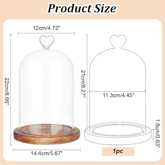NBEADS Heart Glass Dome, 8.66 Inch Long Cloche Bell Jar Terrarium with Wood Base Decorative Display Dome Case for Plants Flower Aroma Candle Desktop Decoration, Clear