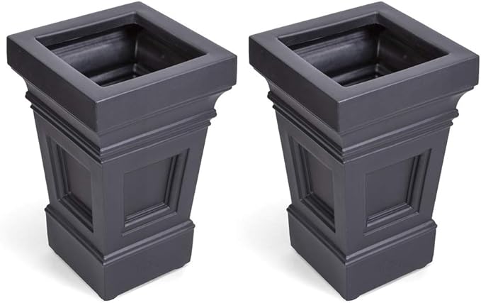 Step2 Atherton Square Planter, Large Planters for Outdoor Plants, Gardening and Flower Pot for Patio or Porch, Efficient Drainage, Durable Plastic, Onyx Black, 2-Pack