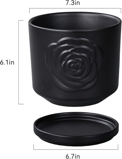 Ekirlin 7 inch Plant Pots,Ceramic Rose Flower Planters Indoor,Modern Succulents Containers with Drain Hole Saucer,Weatherproof Pot for Decorate Home,Office & Outdoor (Black)