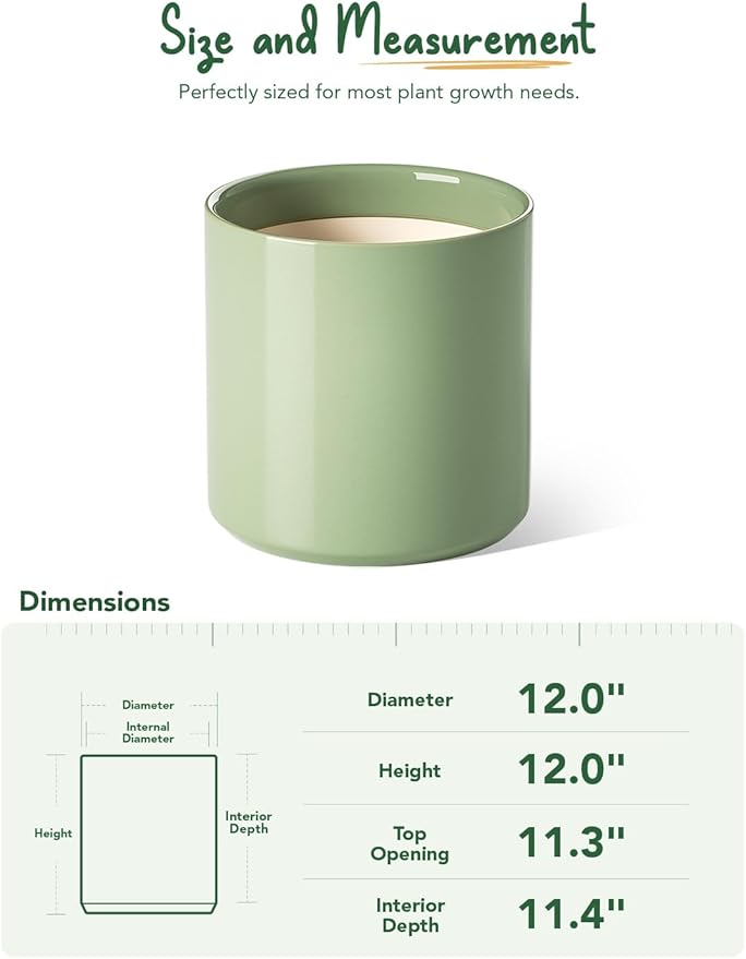 LE TAUCI 12 Inch Pot for Plants, Ceramic Planters for Indoor Plants, Mid-Century Modern Cylinder Flower Pots with Drainage Hole, Fits Fiddle Leaf Fig & Monstera, Home Decor, Sage Green