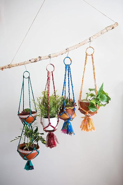 Matr Boomie Upcycled Assorted Muliticolor Sari Fabric Macrame Plant Hanger Indoor Hanger with Tassels, Boho Home Decor 24 Inch, Holds 6" Pot (Pot not Included, Colors Vary) (3)