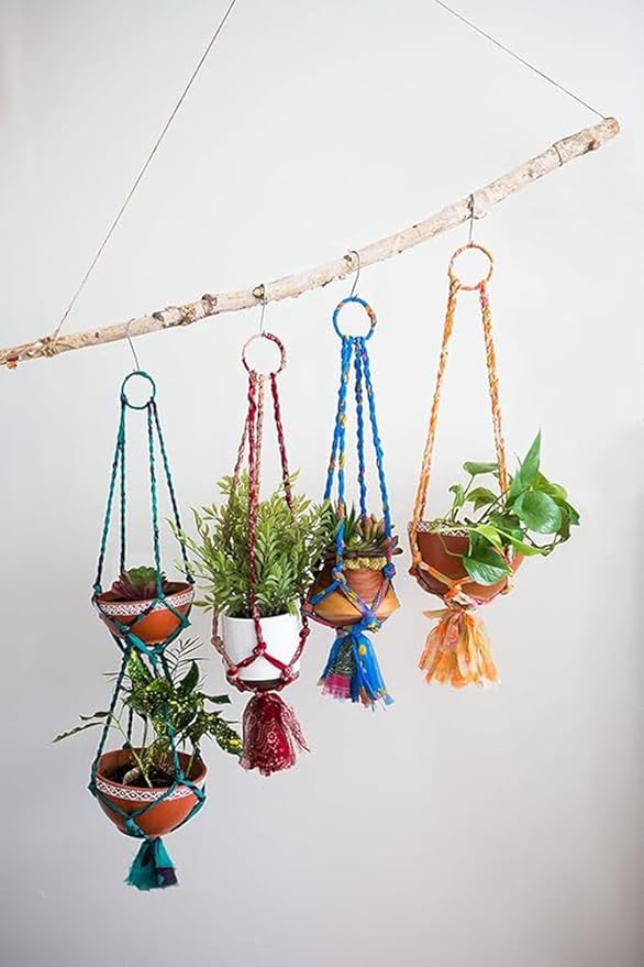 Matr Boomie Upcycled Assorted Muliticolor Sari Fabric Macrame Plant Hanger Indoor Hanger with Tassels, Boho Home Decor 24 Inch, Holds 6" Pot (Pot not Included, Colors Vary) (2)