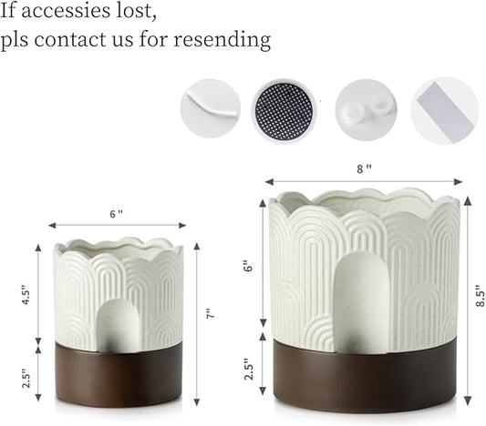 Nihow Self Watering Plant Pot Set: 6 Inch & 8 Inch Ceramic Planter with Drainage Hole & Water Storage Plus - Relief Design Self Watering Pot for Indoor Plants - Beige & Brown Flower Pot -Set of 2