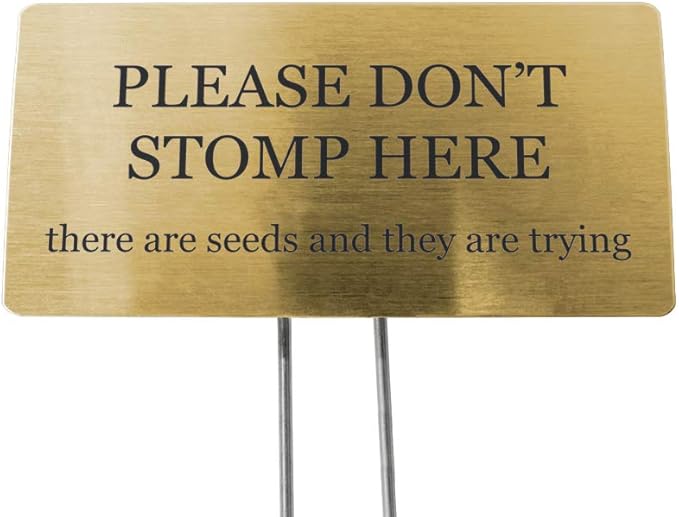 Outdoor Metal Garden Sign, Label, or Memorial. 4 x 2" or 6 x 4" sign with rounded corners and a 10" stake. Materials Include: Stainless Steel, Brass, Copper, Bronze and Titanium. (Brass, 4 x 2")