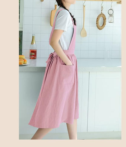 Cute Retro Cotton Linen X-Back Aprons Home Kitchen Garden Art Painting Pinafore Florist Shop Overalls