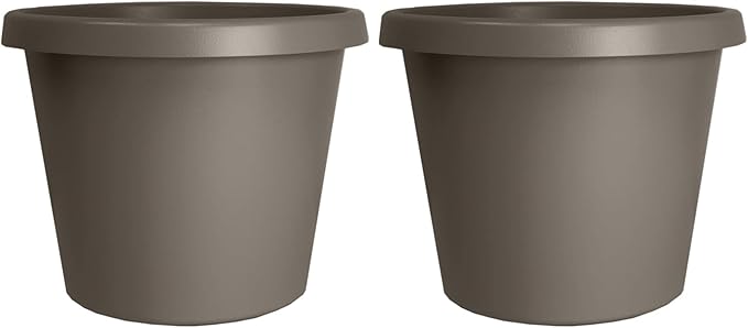 The HC Companies 14 Inch Round Prima Planter - Plastic Plant Pot with Rolled Rim for Indoor Outdoor Plants Flowers Herbs, Cappuccino (Pack of 2)