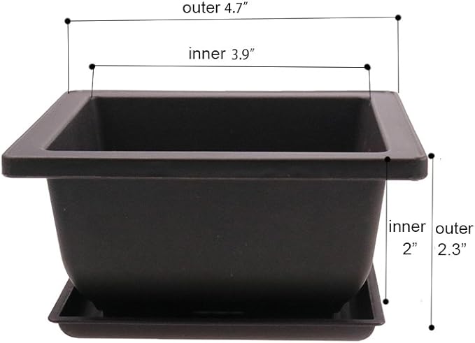 8PCS/Pack Retro Style Square Small Bonsai Training Pots with Tray, Mini Plastic Mocha Garden Flower Pot 4.7"