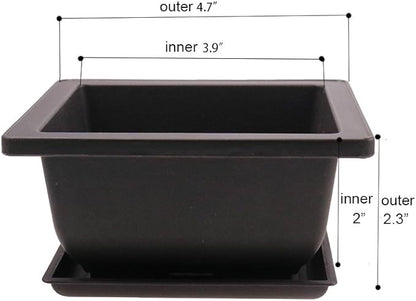 8PCS/Pack Retro Style Square Small Bonsai Training Pots with Tray, Mini Plastic Mocha Garden Flower Pot 4.7"