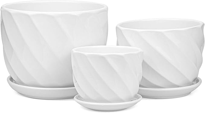 Foraineam Set of 3 Round Modern Ceramic Planter Pot Small to Large Sized Garden Flower Plant Pots White Succulent Cactus Containers with Drainage and Saucer