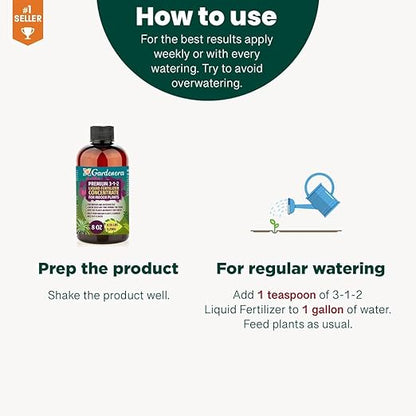 Gardenera Premium Liquid Fertilizer - 3-1-2 Concentrate for Indoor Plants & Flowers - Organic Plant Food - 8oz