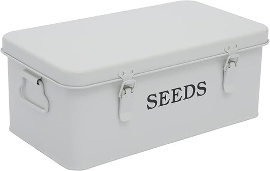 Seed Saving Box, Metal Seed Bin, Seed Storage Organizer, Seed Packet Container with Lid, Seed Envelope Storage Box, 4 Compartments Garden Seed Bin with Safety Locks-White