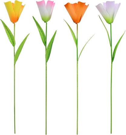 4Pcs Metal Flower Garden Stakes, 16.25" H Rustic Tulips Yard Stake Decorative Spring Outdoor Garden Decor Planter Flower Pot Metal Flower Stick for Patio,Lawn,Yard,Pathway (Tulips)