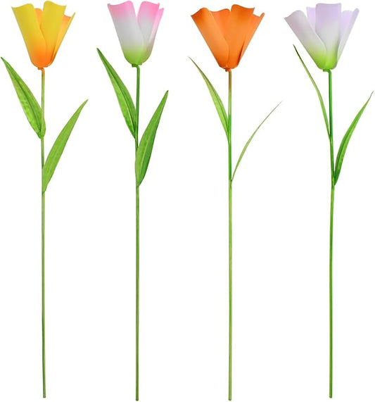 4Pcs Metal Flower Garden Stakes, 16.25" H Rustic Tulips Yard Stake Decorative Spring Outdoor Garden Decor Planter Flower Pot Metal Flower Stick for Patio,Lawn,Yard,Pathway (Tulips)