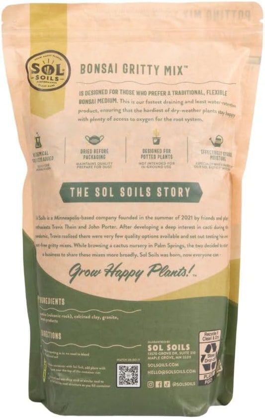 Sol Soils Gritty Bonsai Soil Potting Mix - Fast Draining and Peat Moss Free with Pine Bark, Granite, Pumice, & Calcined Clay for Indoor and Outdoor Plants - 2 Quarts
