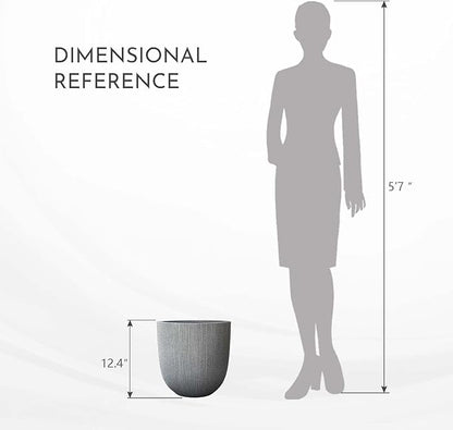 12.4" Tall Round Tapered Planter - Gray Faux Cement Finish, Lightweight Durable Plastic Plant Pot with Drainage Hole & Plug, Weather & UV Resistant Pot for Plants Indoor/Outdoor Use, 10.5" Opening