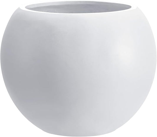 13.5 H x 17" Dia (12" Pot Opening) White Round Fiberstone Tall Planter with Drainage Hole, Indoor/Outdoor Large Plant