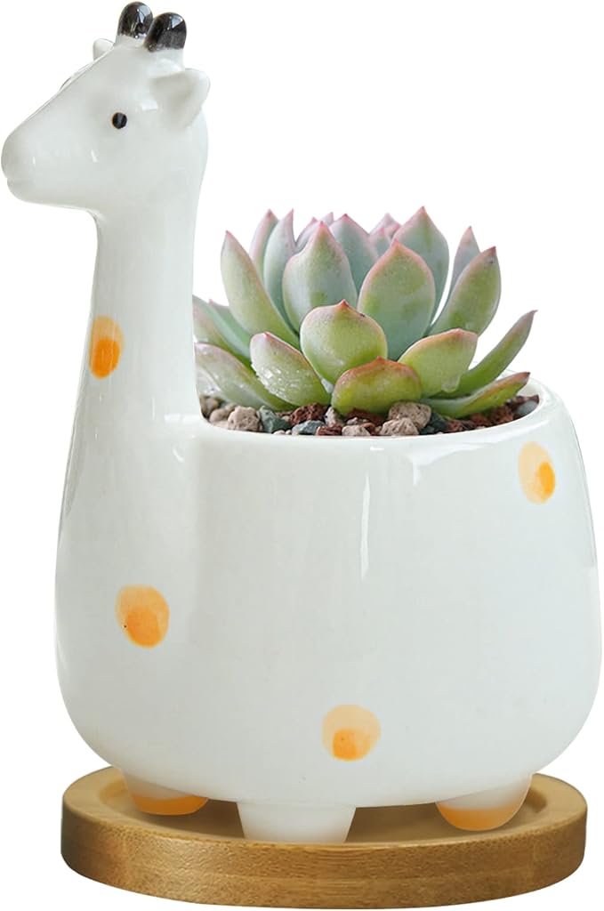 GeLive Giraffe Succulent Planter Indoor Tabletop Ceramic Plant Pot Kitty Ornament Animal Flower Decor Vase with Drainage Tray for Succulents or Mini Cactus