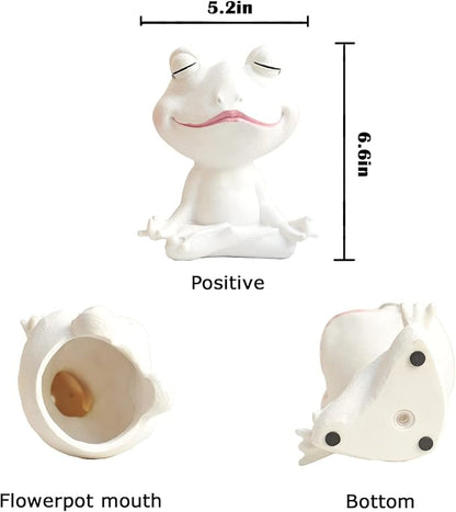 Face Planters Pots Head Yoga Frog Resin Plant Pot with Drainage Hole(White-A)