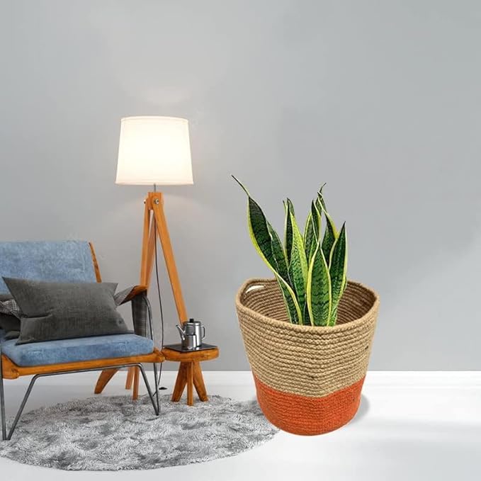 Cotton Rope Plant Basket Hand Woven; Flower Pot Indoor Planters (Large, Orange)