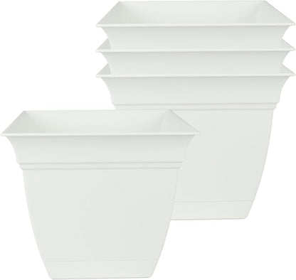 The HC Companies 8 Inch Eclipse Square Planter Pots with Drainage Holes & Attached Saucer, Lightweight UV-Resistant Plastic Indoor Outdoor Planters, 4-Pack Flower Pots for Garden & Home Decor, White