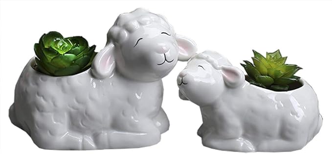 Funnuf Cute Animal White Ceramic Succulent Cactus Flower Planter for Home Garden Office Desktop, 2pcs, Small & Large White Sheep