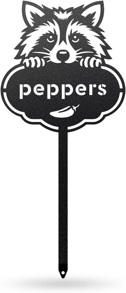 RealSteel Rocky The Raccoon Plant Markers – Cute Metal Garden Labels for Herbs & Vegetables | Outdoor Steel Plant Stakes for Garden, Greenhouse & Raised Beds | Gardening Gift | USA (PEPPERS-B-6X13)
