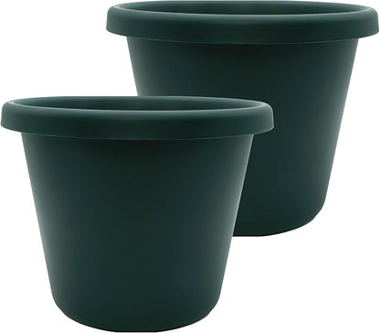 The HC Companies 14 Inch Classic Round Planter Pots with Drainage, Rolled Rim Plastic Planters for Indoor & Outdoor Plants, 2-Pack Decorative Flower Pots for Garden, Office & Home Decor, Evergreen