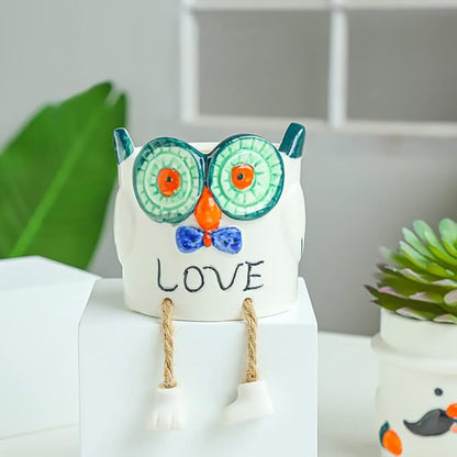 DIYOMR Smooth Glazed Ceramic Planter with Hanging Leg, Cute Cartoon Flower Plant Pots Drainage Hole Small Succulent Pots for Mini Flower Planters Cactus, Plants Not Include (Owl)