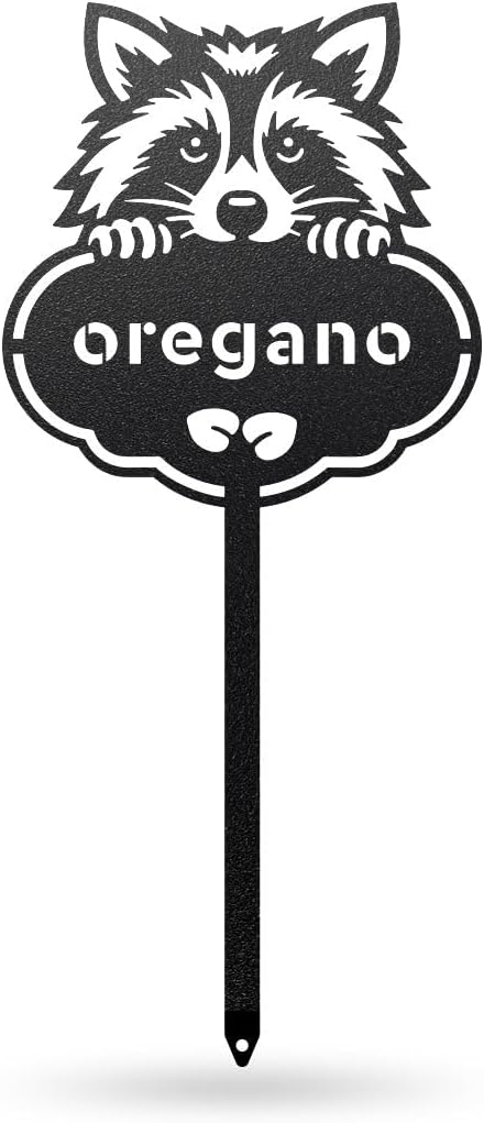 RealSteel Rocky The Raccoon Plant Markers – Cute Metal Garden Labels for Herbs & Vegetables | Outdoor Steel Plant Stakes for Garden, Greenhouse & Raised Beds | Gardening Gift | USA (OREGANO-B-6X13)