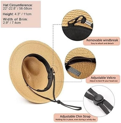 DRESHOW Women Straw Panama Hat Travel Fedora Beach Sun Hat Summer Wide Brim Straw Roll up Hat UPF 50+