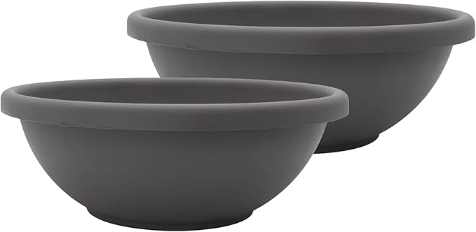 The HC Companies 13 Inch Shallow Garden Bowl Plant Pot with Drainage, Lightweight UV-Resistant Plastic Planters for Succulents, Herbs & More, 2-Pack Planters for Indoor Outdoor Home Decor, Warm Gray
