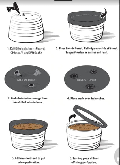 Barrel Liner Kit – Heavy-Duty 100 Micron Plastic Liner with Drain Tubes & Mesh – Prevents Rot, Conserves Water, Fits Wine, Whiskey, Acacia & Cedar Planters – Made in New Zealand