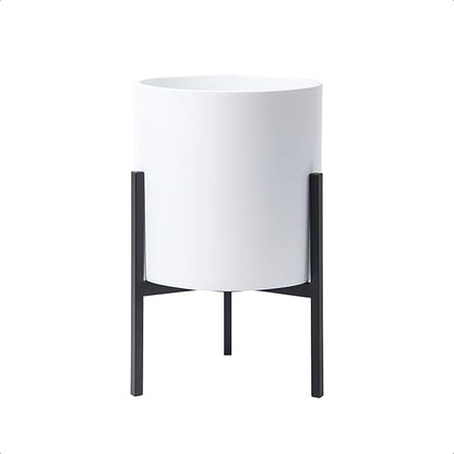 D'vine Dev Mid Century Fiberglass Resin Planter Pot with Iron Stand, 8 inch, Matte White, 96-A-1-S
