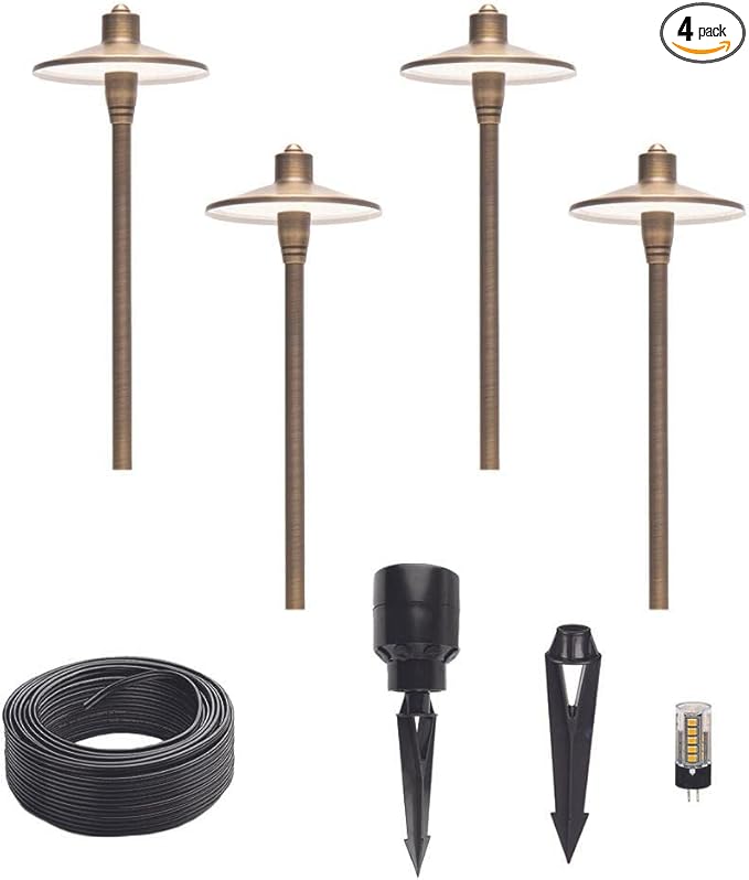 G2 12V Brass Path Light 4-Pack Kit (Bronze) with 3W 2700K Warm White G4 LED Bulbs for Low Voltage Landscape Lighting on Outdoor Pathway, Walkway, Garden, Driveway or Patio