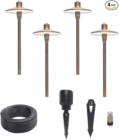 G2 12V Brass Path Light 4-Pack Kit (Bronze) with 3W 2700K Warm White G4 LED Bulbs for Low Voltage Landscape Lighting on Outdoor Pathway, Walkway, Garden, Driveway or Patio