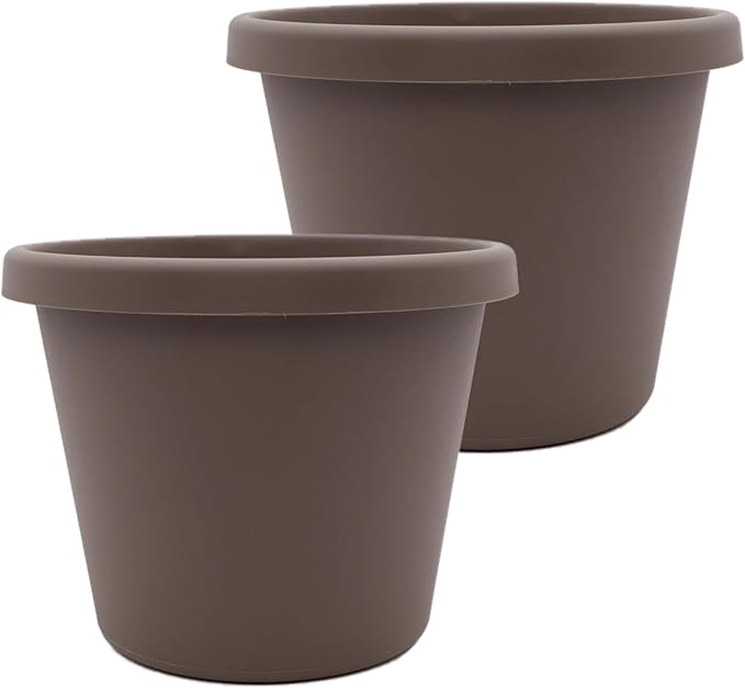 The HC Companies 16 Inch Prima Round Planter Pots with Drainage Holes and Rolled Rim, Lightweight UV-Resistant Plastic Indoor & Outdoor Planters, 2-Pack Flower Pots for Garden & Home Decor, Cappuccino