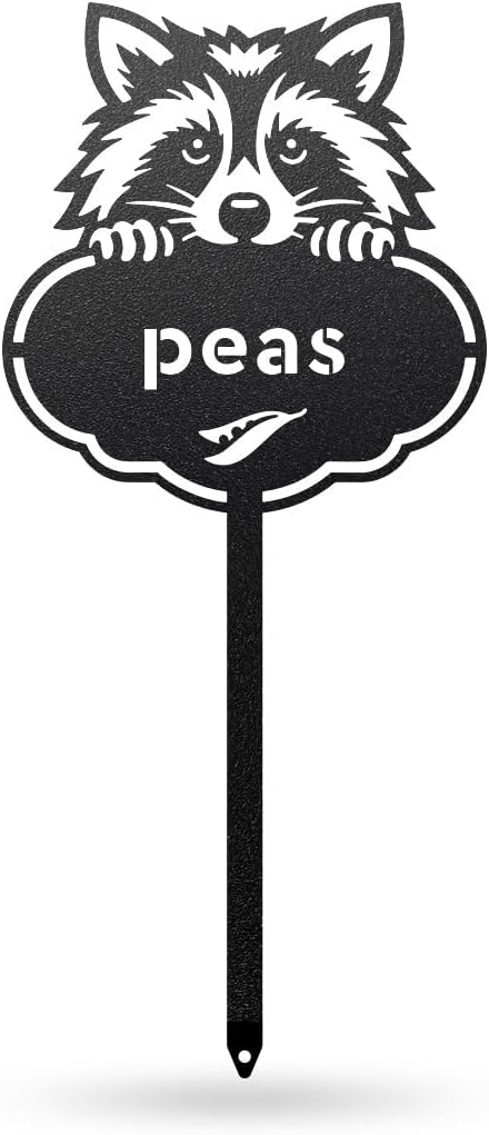 RealSteel Rocky The Raccoon Plant Markers – Cute Metal Garden Labels for Herbs & Vegetables | Outdoor Steel Plant Stakes for Garden, Greenhouse & Raised Beds | Gardening Gift | USA (PEAS-B-6X13)