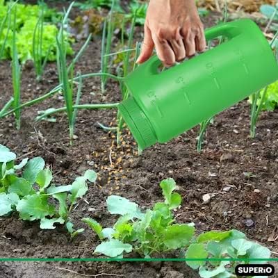 Superio Handheld Spreader for Lawn and Garden Seed, Fertilizer and Ice Melt Spreader 2 Liter, Adjustable Hole Size
