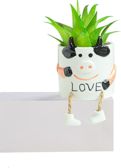 DIYOMR Ceramic Cow Planter, Cute Cartoon Smooth Glazed Flower Plant Pots Drainage Hole Small Succulent Pots for Mini Flower Planters Cactus, Plants Not Include (Cow)