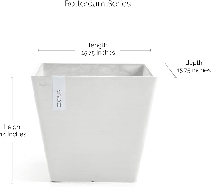 Ecopots Rotterdam Durable Modern Square Indoor/Outdoor Recycled-Based Composite Flower Planter, Pure White, 15.75"
