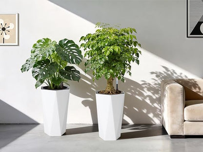 GarveeLife 22.5 in Tall Diamond Planters Set of 2, Self Watering Planters with Water Level Monitor, Flower Pots Outdoor and Indoor for Patio, Porch, Living Room, Home Office, White