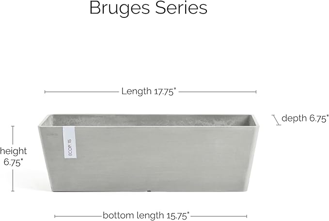 Ecopots Bruges Durable Modern Rectangular Indoor/Outdoor Recycled-Based Composite Flower Pot Planter, White Grey, 17.75"