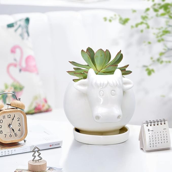 GeLive White Cow Planter, Cute Cartoon Plant Pot, Small Ceramic Succulent Pot, Fun Air Plant Holder, Pencil Holder Brush Organizer Animal Tabletop Decor Indoor Mini Cow Figurines Statue Funny Gift