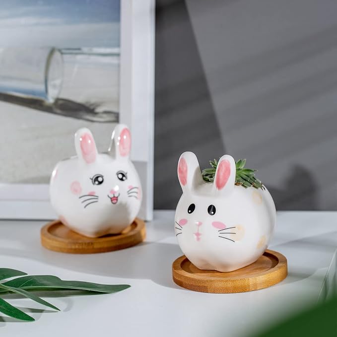 B SEPOR 3.6 inch Mini Pots for Small Succulant Plant Ceramic Animal Succulent Planter with Drainage and Bamboo Tray for Easter Bunny Rabbit Gift Lovers (Cute Bunnies)
