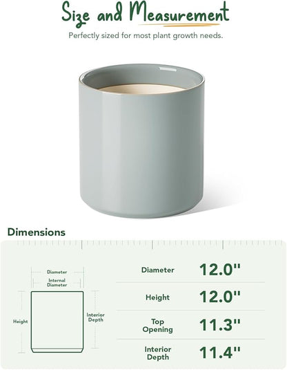 LE TAUCI 12 Inch Pot for Plants, Ceramic Planters for Indoor Plants, Mid-Century Modern Cylinder Flower Pots with Drainage Hole, Fits Fiddle Leaf Fig & Monstera, Home Decor, Mist Gray